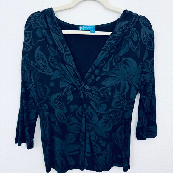 Fresh Produce Womens Pullover Knot Top Size M Vintage Stretch Floral Black - Picture 1 of 6